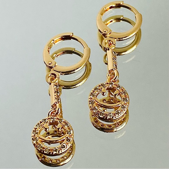 18K Gold Filled Smile Hoop Dangle Drop Earring Clear Cubic Zircon CZ Smiley - Picture 6 of 14